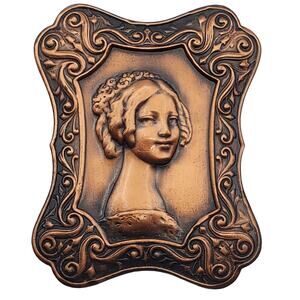 Copper Portrait Woman Brooch Large Figural Pin Cameo Frame Victorian Revival